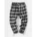 Mens Plaid Casual Drawstring Cuff Pants With Pocket